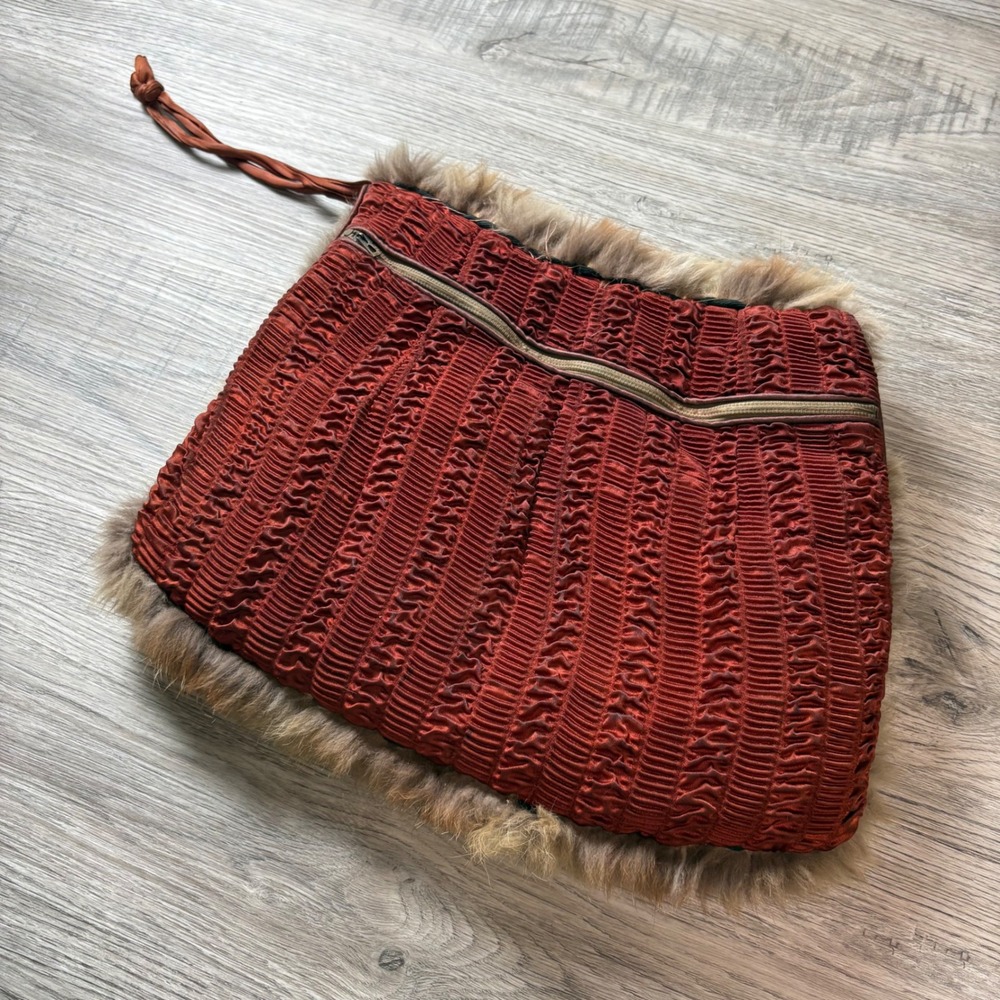 1950s Handbag Womens OS Rust Real Fur Smocked Satin Drawstring Boho Pouch vintag